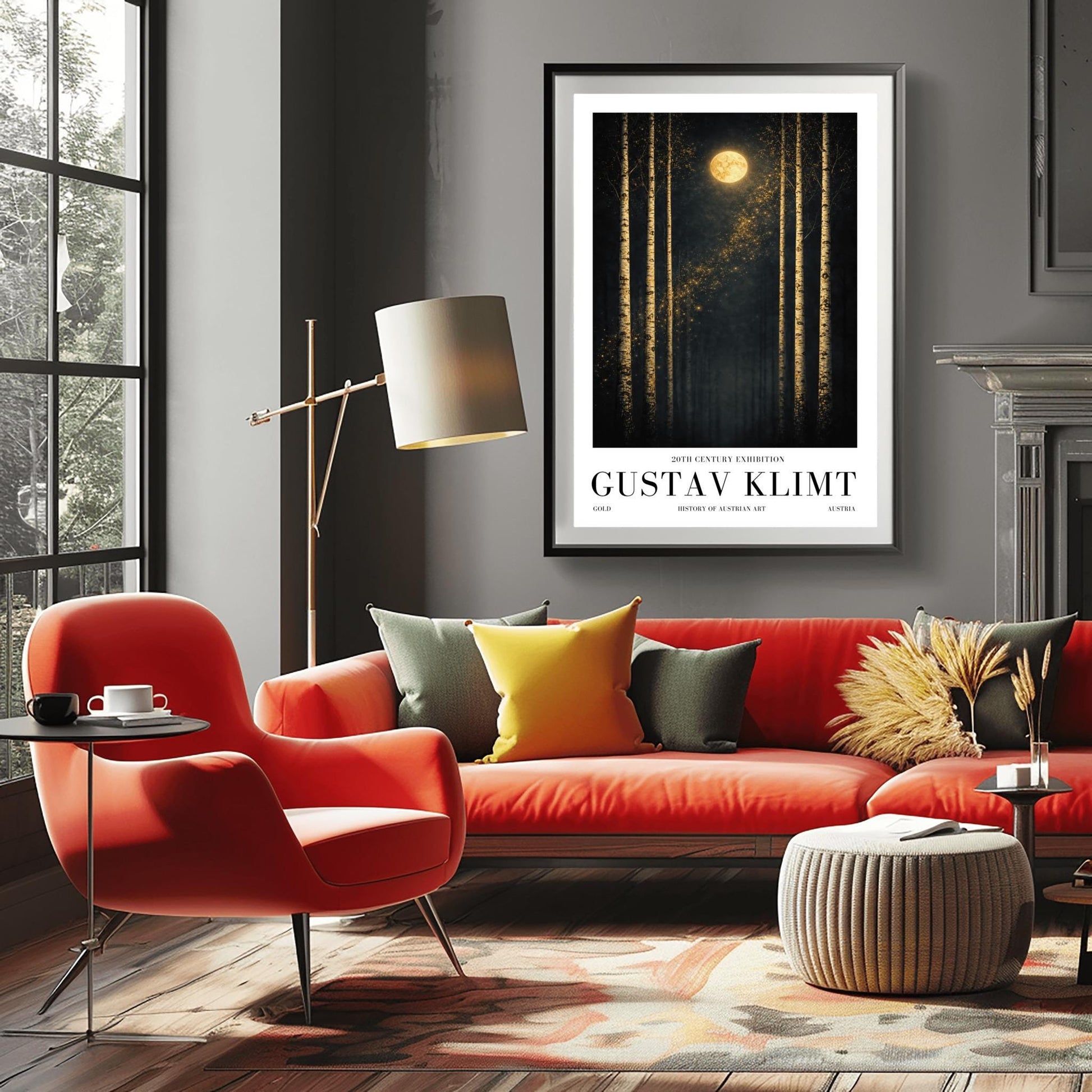A vertical museum exhibition poster featuring six slender birch trees against a dark sky. A golden moon and a diagonal trail of stardust are centered at the top. Below the art, the text reads "20th Century Exhibition," "GUSTAV KLIMT," and "History of Austrian Art" in black serif font.
