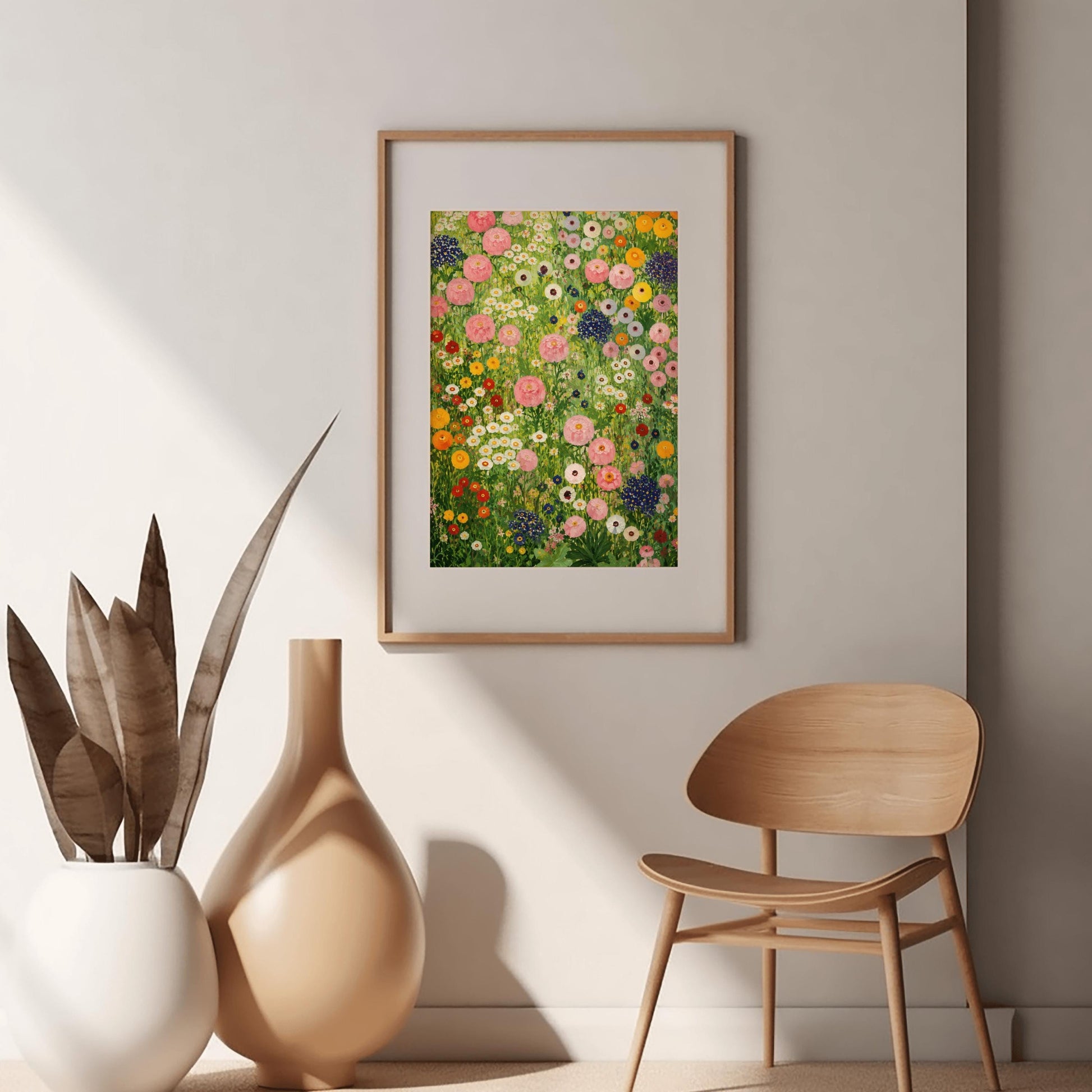 A vertical full-bleed painting in the style of Gustav Klimt showing a dense, vibrant meadow of wildflowers. The entire frame is filled with an intricate, mosaic-like arrangement of thickly painted flowers, including large clusters of white and cream blossoms at the top, a dense field of orange and white poppies to the right, and deep purple and magenta pansies near the bottom, all set against a textured emerald and chartreuse green background.