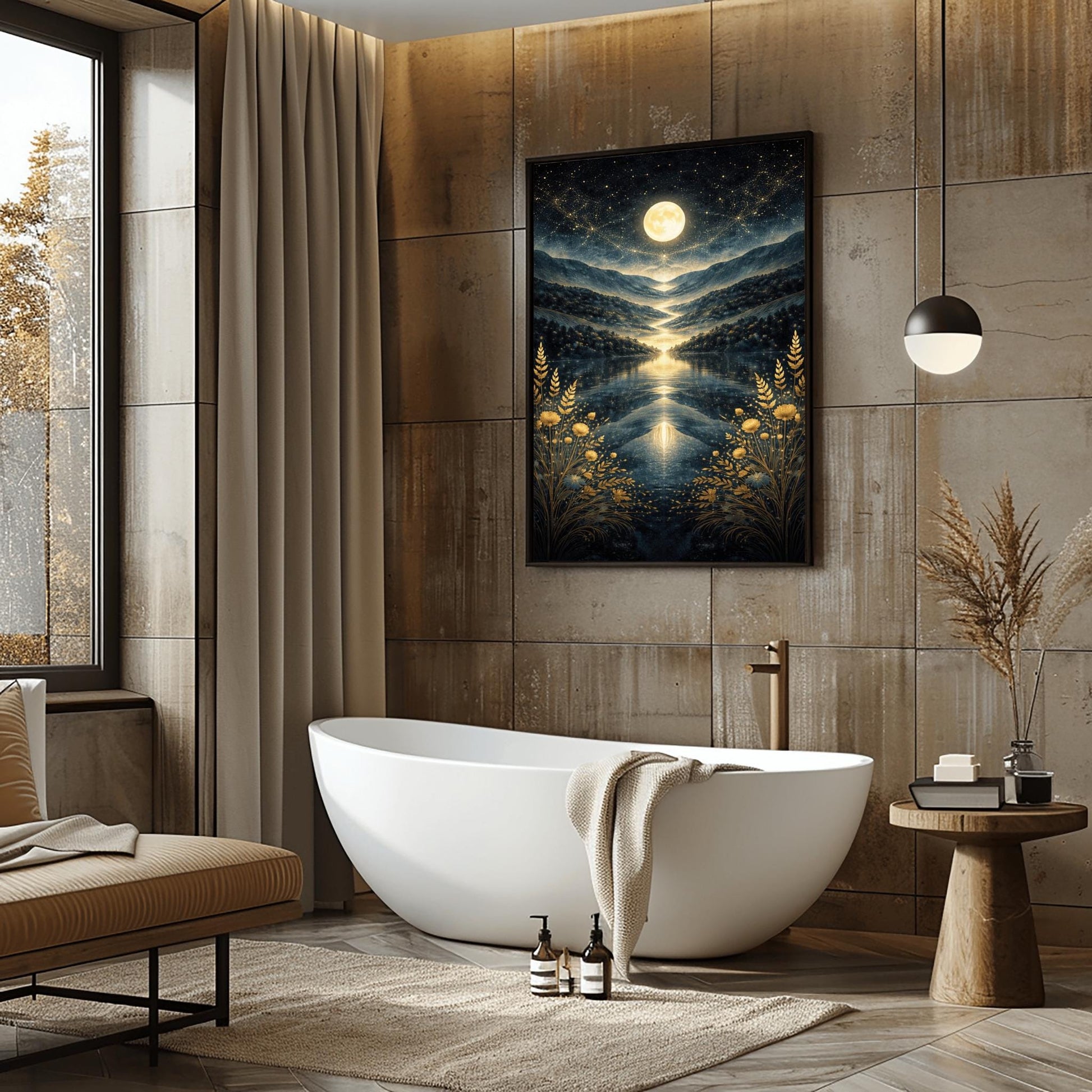 A vertical Art Nouveau illustration in the style of Gustav Klimt. A golden full moon and swirling stardust fill a dark blue sky above a symmetrical mountain valley. A river of light flows into a lake in the center, framed by golden wheat and flowers in the foreground.