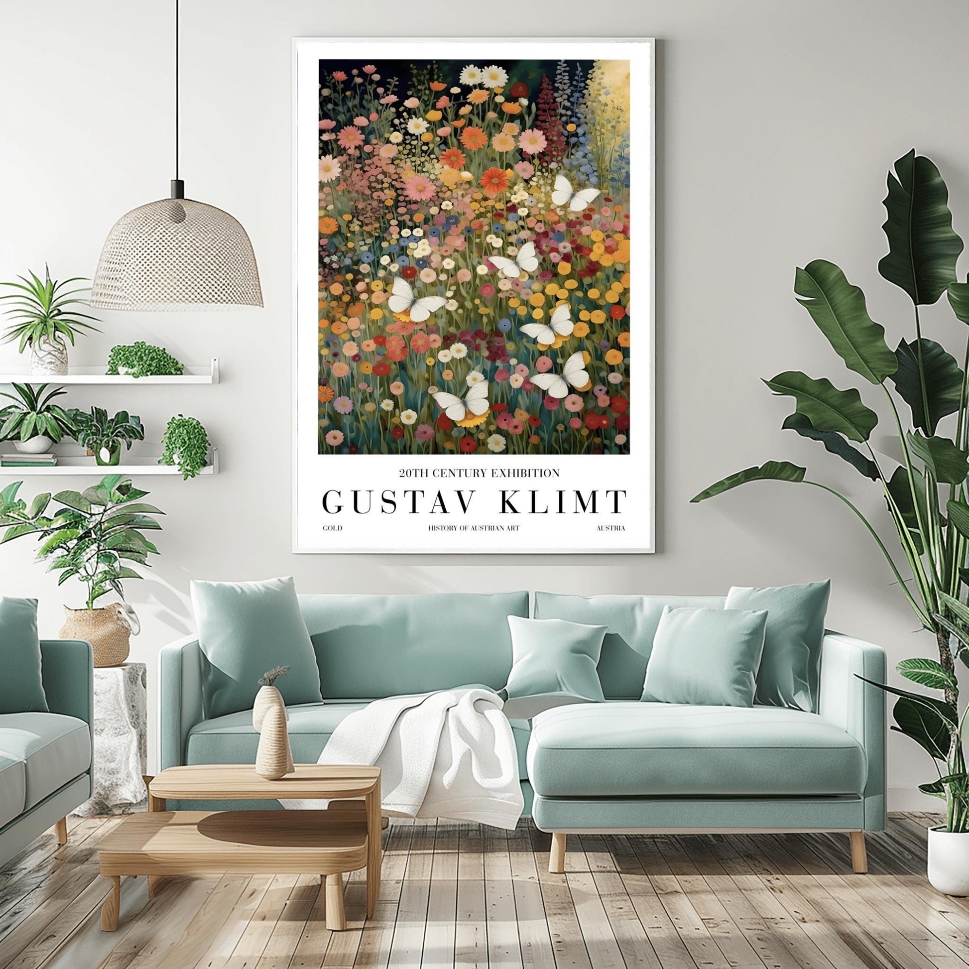 A vertical fine art painting in the style of Gustav Klimt. A dense field of colorful wildflowers in shades of orange, pink, yellow, and red fills the frame. Several large, delicate white butterflies are scattered throughout the meadow, appearing to fly toward a soft golden light in the upper right corner. The style is highly textured with decorative mosaic patterns.
