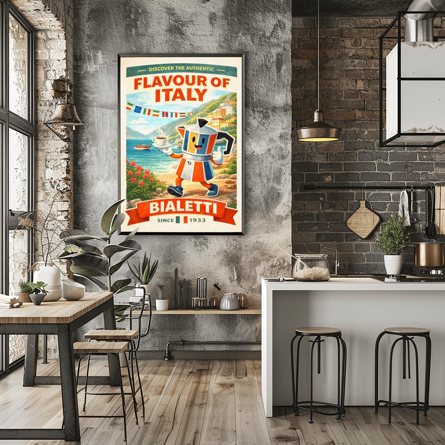 Bialetti Flavour of Italy Poster - Italian Riviera Coffee Art - Retro Moka Pot Mascot Print - Amalfi Coast Kitchen Decor - Whimsical Espresso Bar Wall Art - Vintage Travel Illustration