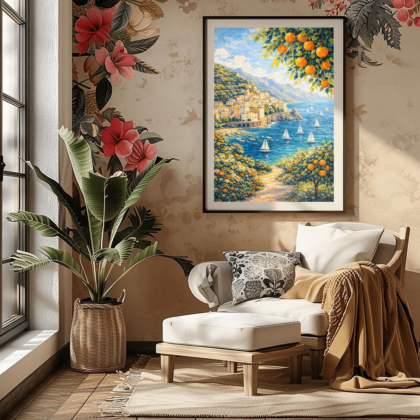 A vertical painterly illustration of a Mediterranean village built into a steep mountainside overlooking a blue sea with many white sailboats. Branches with oranges frame the top and bottom right. A flowered path in the foreground leads toward the water under a bright sky.