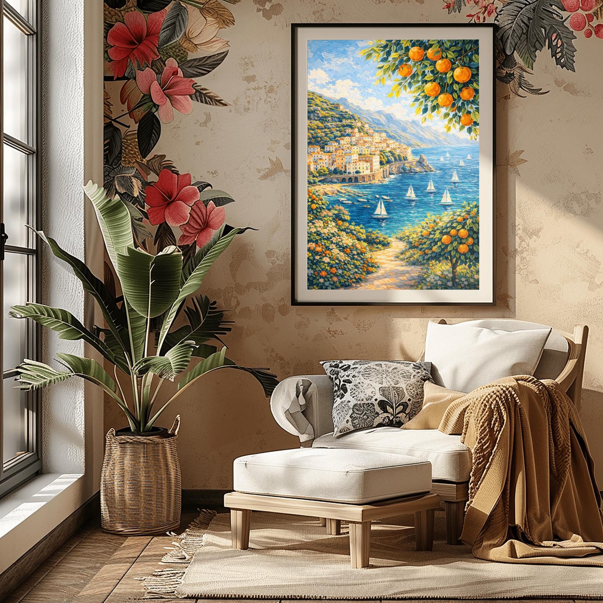 A vertical painterly illustration of a Mediterranean village built into a steep mountainside overlooking a blue sea with many white sailboats. Branches with oranges frame the top and bottom right. A flowered path in the foreground leads toward the water under a bright sky.