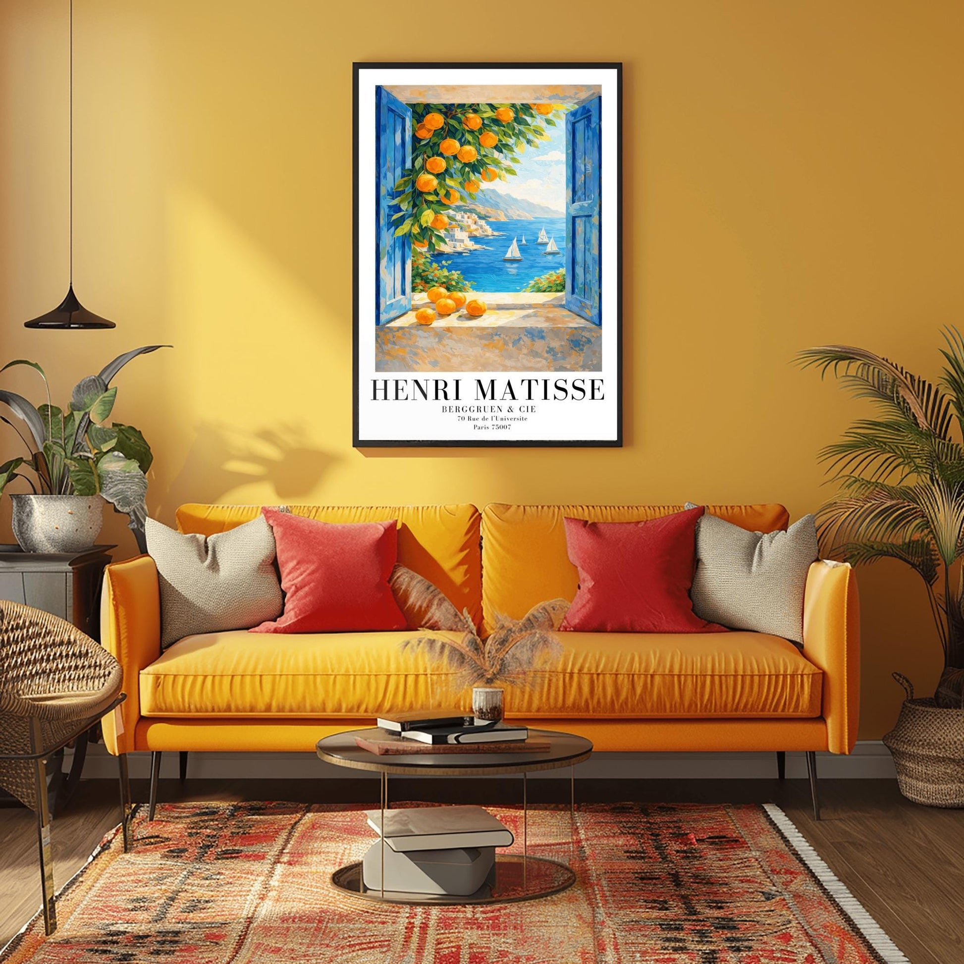 A vertical painterly illustration of a view through an open window with blue shutters. A branch with many bright oranges hangs in the top left. Outside, white sailboats float on a deep blue sea next to a white hillside village and mountains.