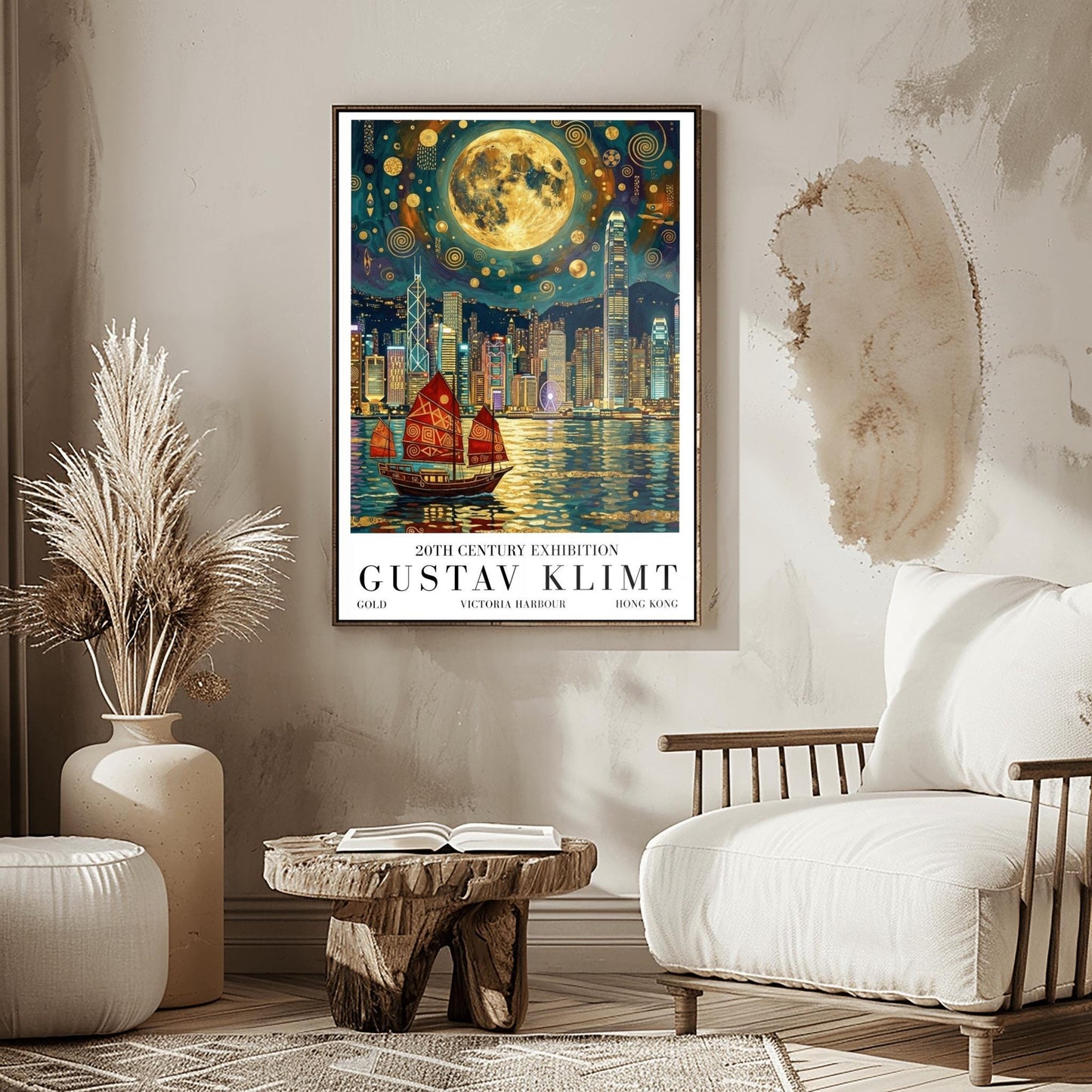 A vertical museum exhibition poster in the style of Gustav Klimt. A traditional red junk boat with golden patterns sails in front of the Hong Kong skyline at night. A massive golden moon with mosaic patterns fills the top of the sky. Bold black text at the bottom reads "GUSTAV KLIMT" and "VICTORIA HARBOUR."