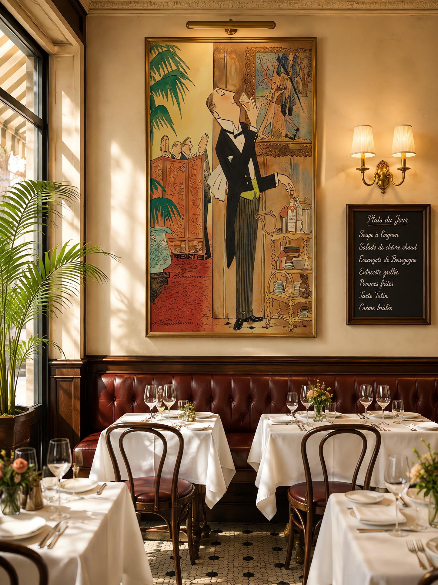 A vertical watercolor and ink illustration in the whimsical style of Ludwig Bemelmans. The scene depicts a butler in a black tuxedo tailcoat, yellow vest, and bow tie sneaking a drink from a glass behind a wall. His hand rests on a bottle of "Walker's De Luxe" whiskey on a bar cart. To his left, a wooden Chinoiserie folding screen separates him from a group of four men in suits talking at a party. A potted palm tree and a blue dragon vase sit in the foreground