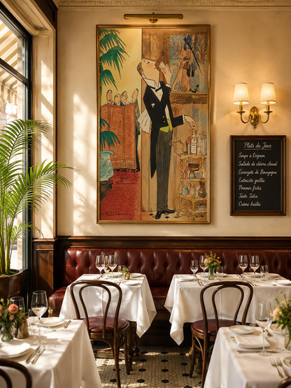 A vertical watercolor and ink illustration in the whimsical style of Ludwig Bemelmans. The scene depicts a butler in a black tuxedo tailcoat, yellow vest, and bow tie sneaking a drink from a glass behind a wall. His hand rests on a bottle of "Walker's De Luxe" whiskey on a bar cart. To his left, a wooden Chinoiserie folding screen separates him from a group of four men in suits talking at a party. A potted palm tree and a blue dragon vase sit in the foreground