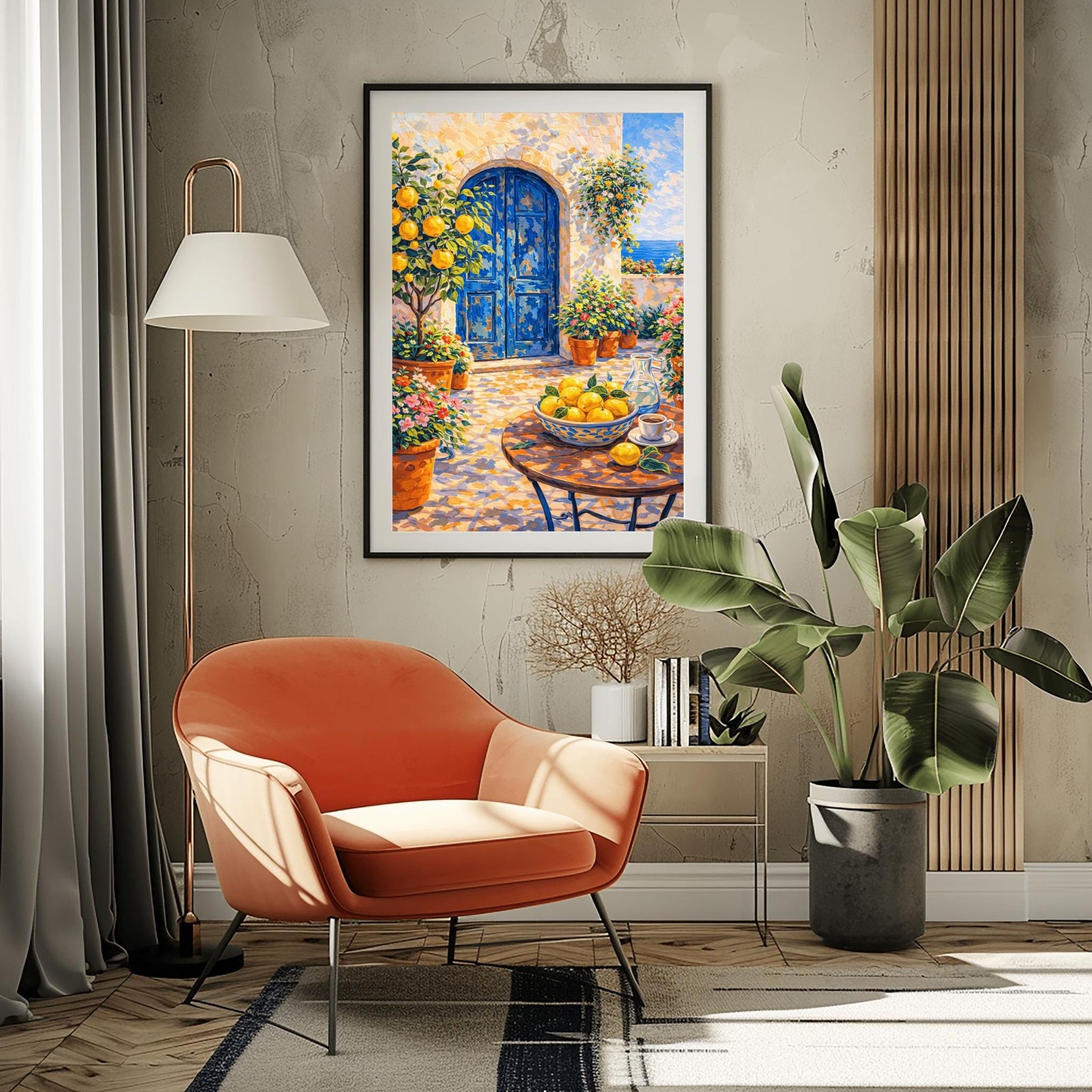 A vertical painterly illustration of a sun-drenched Mediterranean courtyard with a large arched blue door. A table in the foreground holds a bowl of lemons and a cup of coffee. Terracotta pots with flowers and a lemon tree surround the stone patio, with a view of the blue sea in the background.