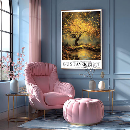 A vertical museum exhibition poster in the style of Gustav Klimt. A large tree with a dense, glowing golden canopy stands beside a river. The water surface is covered in golden mosaic patterns and reflections. The ground is filled with small orange flowers. Bold black text at the bottom reads "GUSTAV KLIMT" and "HISTORY OF AUSTRIAN ART."