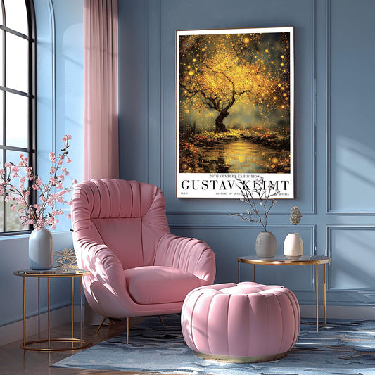A vertical museum exhibition poster in the style of Gustav Klimt. A large tree with a dense, glowing golden canopy stands beside a river. The water surface is covered in golden mosaic patterns and reflections. The ground is filled with small orange flowers. Bold black text at the bottom reads "GUSTAV KLIMT" and "HISTORY OF AUSTRIAN ART."