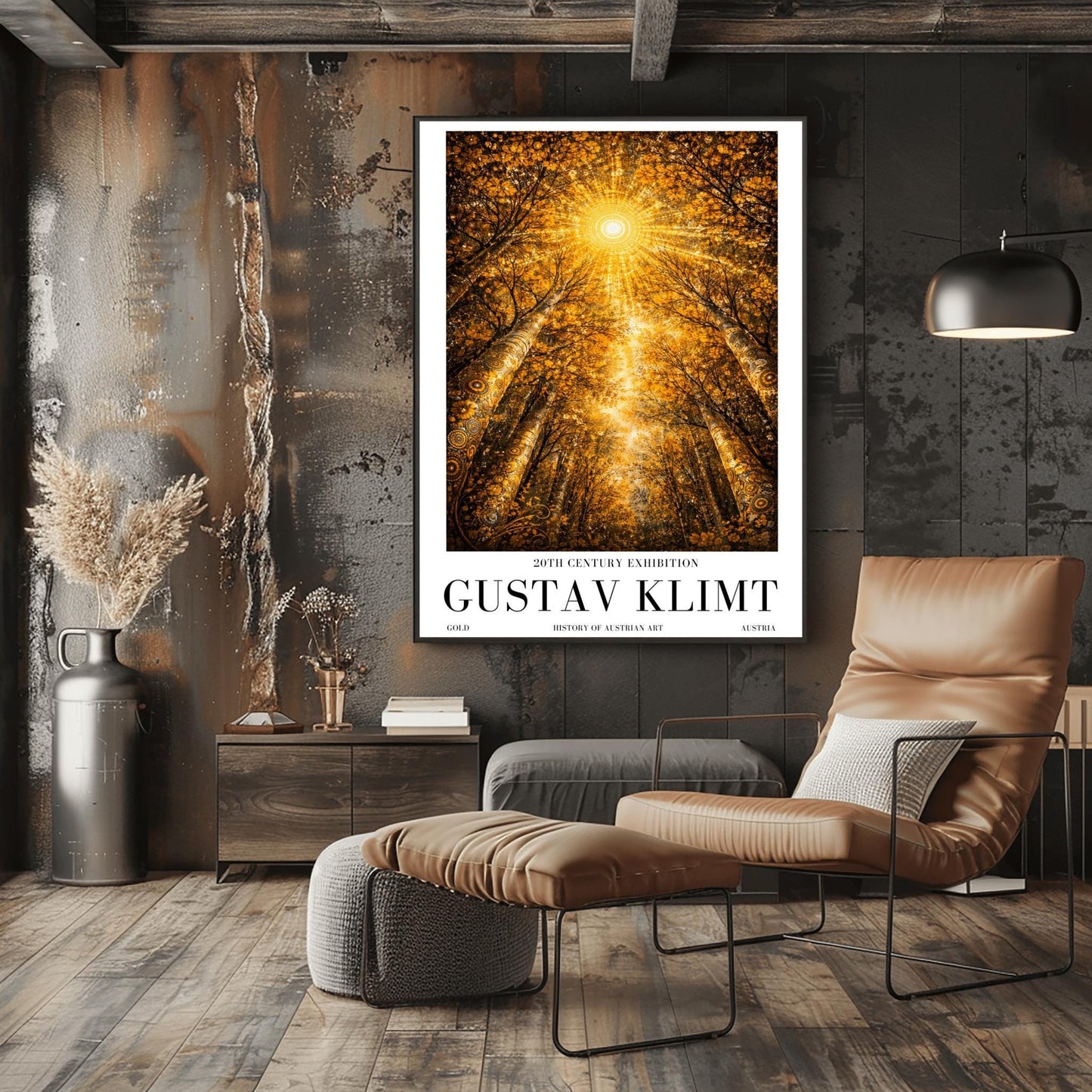 A vertical exhibition poster for Gustav Klimt featuring a view looking up through golden trees toward a radiant sunburst. The trees have intricate mosaic patterns on the bark. Below the artwork, bold black text reads "GUSTAV KLIMT" and "20th Century Exhibition."