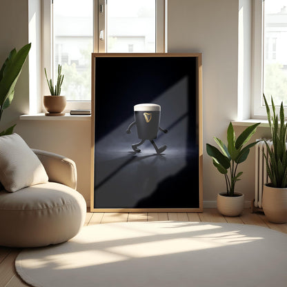 A vertical cinematic illustration of a 3D Guinness pint character with cartoon arms and legs, walking across a reflective dark floor. The background is a dark, moody void with a faint blue atmospheric glow. The pint features a crisp white foam head and a golden harp logo.