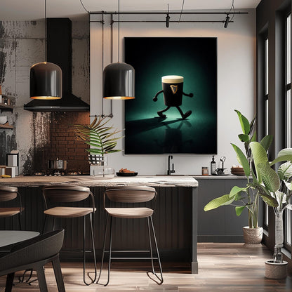 A vertical cinematic illustration of a 3D Guinness pint character with cartoon arms and legs. It is walking across a dark, reflective floor under a moody emerald-green spotlight. The pint features a crisp white foam head and a golden harp logo.