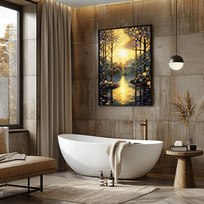 A vertical fine art painting in the style of Gustav Klimt. A brilliant sun is centered in the sky, emitting golden rays that look like stained glass panes. Slender trees with colorful mosaic patterns on their bark frame a calm lake. The water reflects the golden sun in a series of horizontal mosaic tiles. The overall palette is brilliant gold, warm amber, and deep teal.