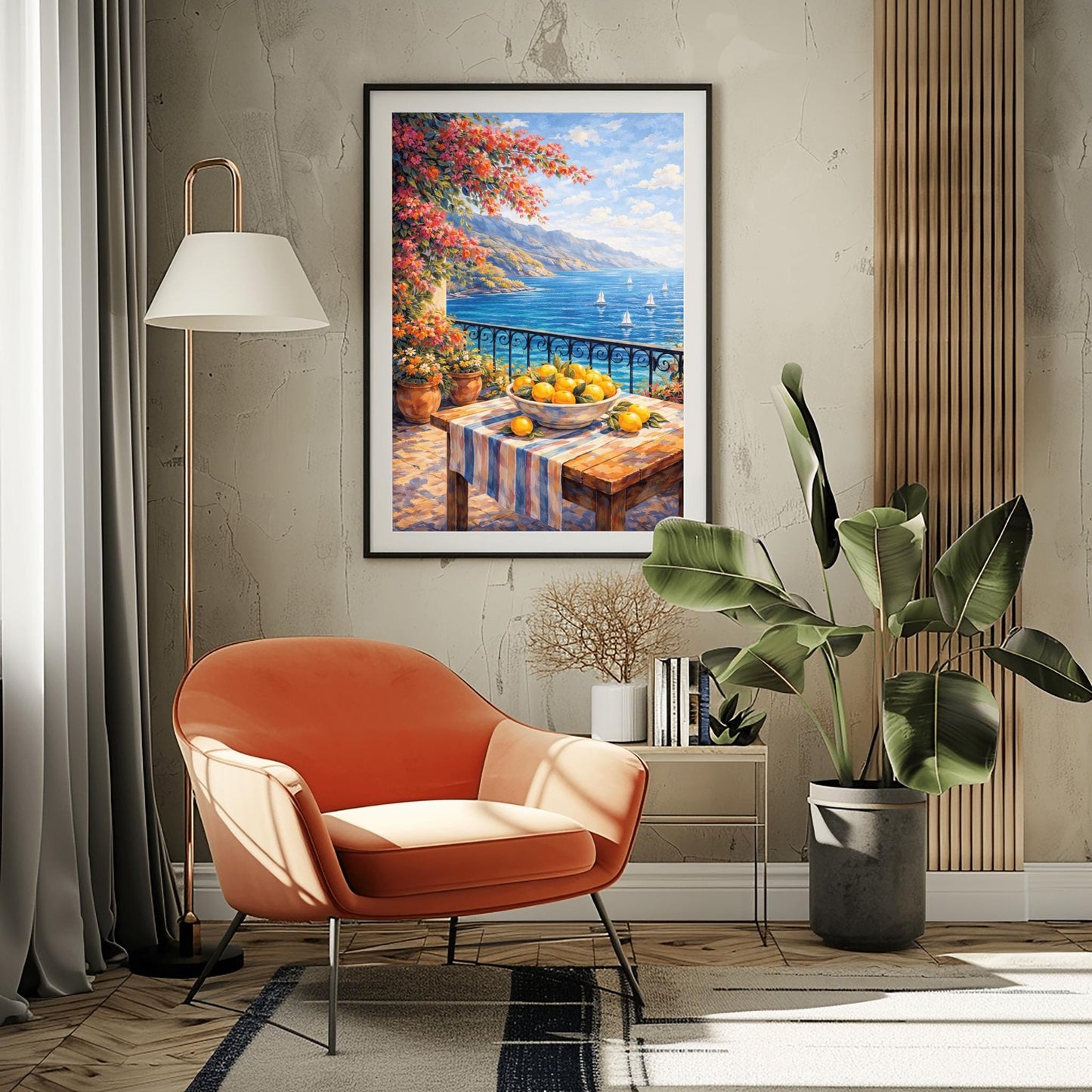 A vertical painterly illustration of a stone terrace with a black iron railing. A pink bougainvillea tree hangs from the top left over a wooden table with a bowl of oranges and lemons. Beyond the railing is a blue sea with white sailboats and a distant mountainous coastline.