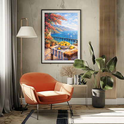 A vertical painterly illustration of a stone terrace with a black iron railing. A pink bougainvillea tree hangs from the top left over a wooden table with a bowl of oranges and lemons. Beyond the railing is a blue sea with white sailboats and a distant mountainous coastline.