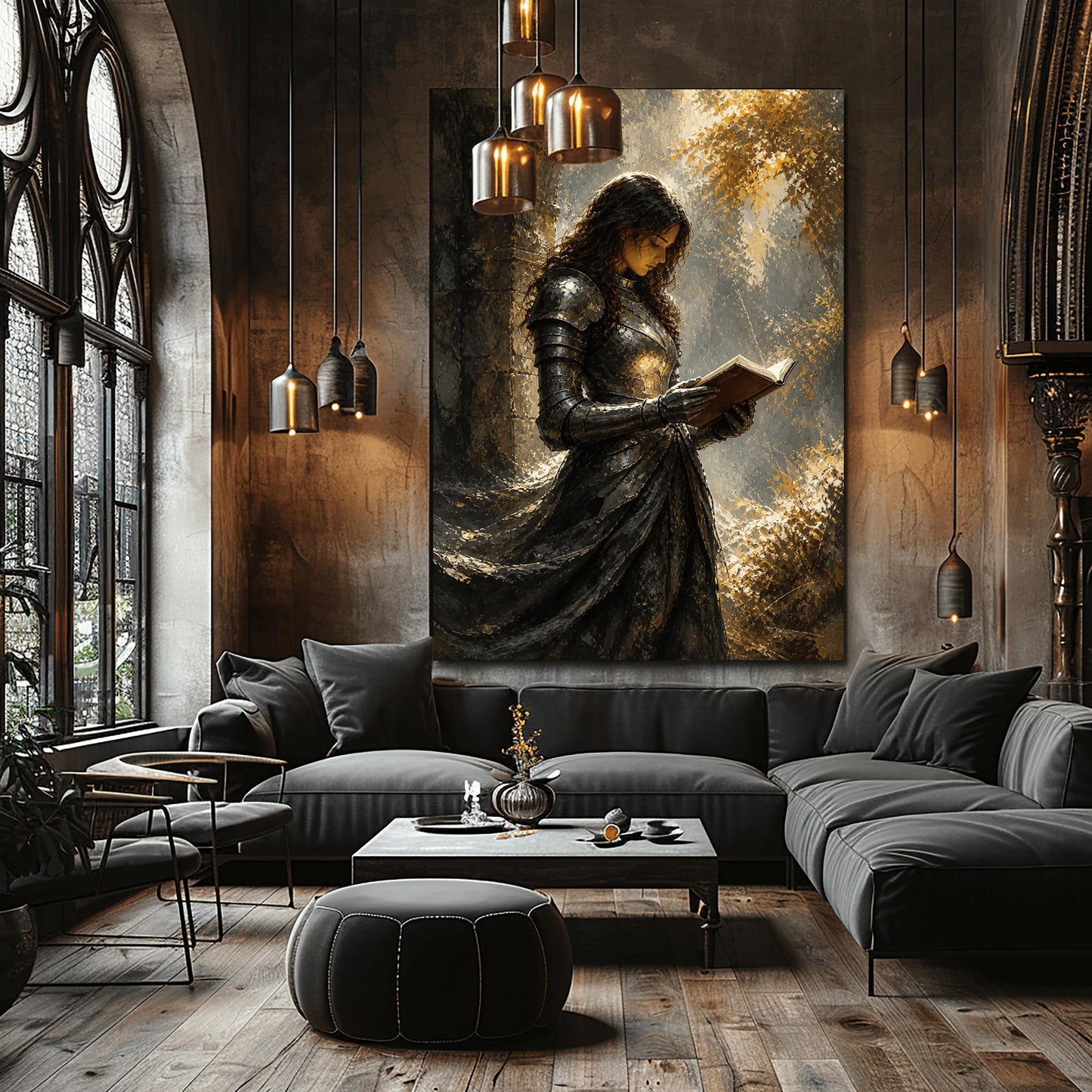 A vertical art print featuring a woman in full medieval steel armor standing under a stone archway. She has long dark hair and is looking down, reading an open book held in her armored hands. The style is painterly with heavy textures. Warm, dappled golden sunlight filters through leaves in the background, reflecting off her polished armor. She wears a long, dark flowing cloak.