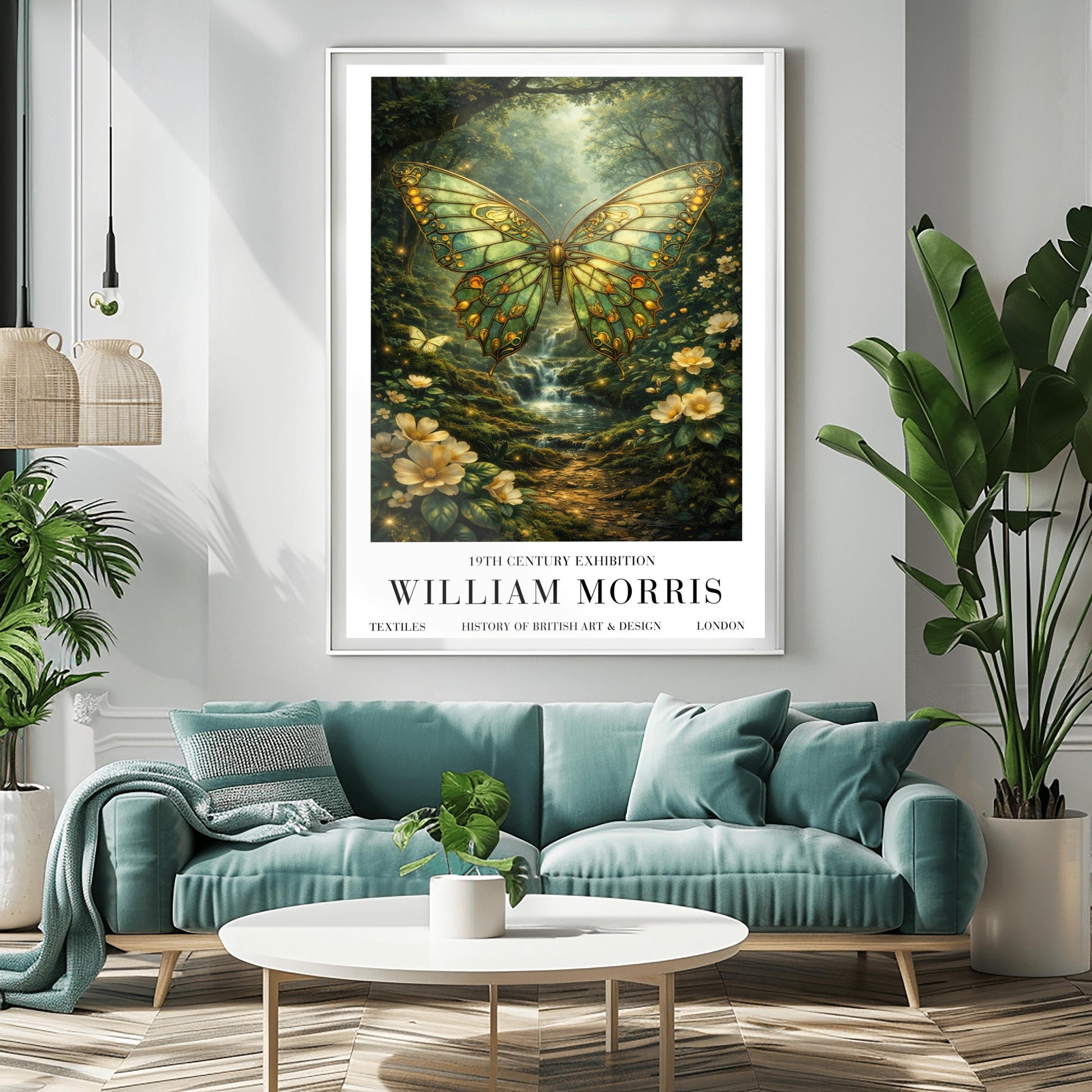 A vertical exhibition poster titled "WILLIAM MORRIS: 19th Century Exhibition". The central artwork features a large butterfly with intricate emerald and gold wings that resemble stained glass. It hovers over a lush forest scene with a small waterfall, sunlight streaming through the trees, and white flowers in the foreground. The bottom features a clean white border with bold black text reading "TEXTILES," "HISTORY OF BRITISH ART & DESIGN," and "LONDON".