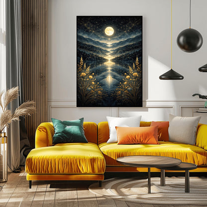 A vertical Art Nouveau illustration in the style of Gustav Klimt. A golden full moon and swirling stardust fill a dark blue sky above a symmetrical mountain valley. A river of light flows into a lake in the center, framed by golden wheat and flowers in the foreground.