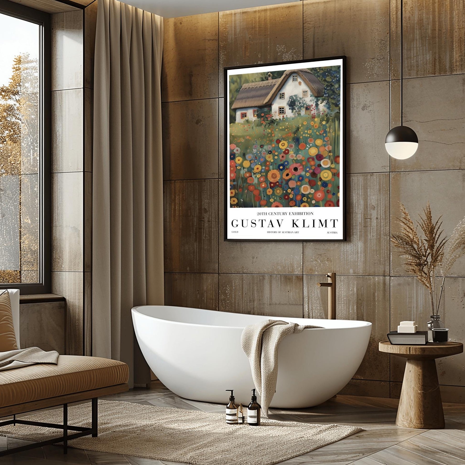 A vertical oil painting in the style of Gustav Klimt. A white-washed cottage with a brown thatched roof sits behind a dense field of colorful, circular wildflowers in shades of orange, red, blue, and yellow. The style features heavy, decorative textures and subtle golden highlights throughout the garden and roof.