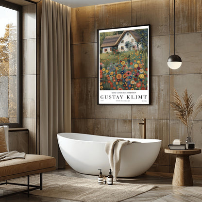 A vertical oil painting in the style of Gustav Klimt. A white-washed cottage with a brown thatched roof sits behind a dense field of colorful, circular wildflowers in shades of orange, red, blue, and yellow. The style features heavy, decorative textures and subtle golden highlights throughout the garden and roof.