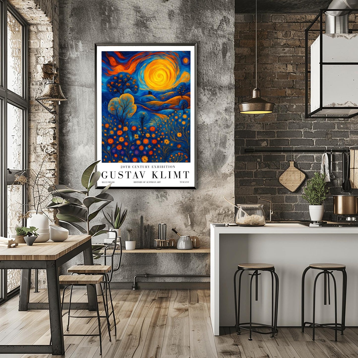 A vertical museum exhibition poster in the style of Gustav Klimt. A large, swirling golden sun sits in a sky of orange and blue clouds over rolling blue hills. The foreground is a meadow of orange circular flowers. Below the image, bold black text reads "GUSTAV KLIMT" and "BLUE FIELDS" on a white border.