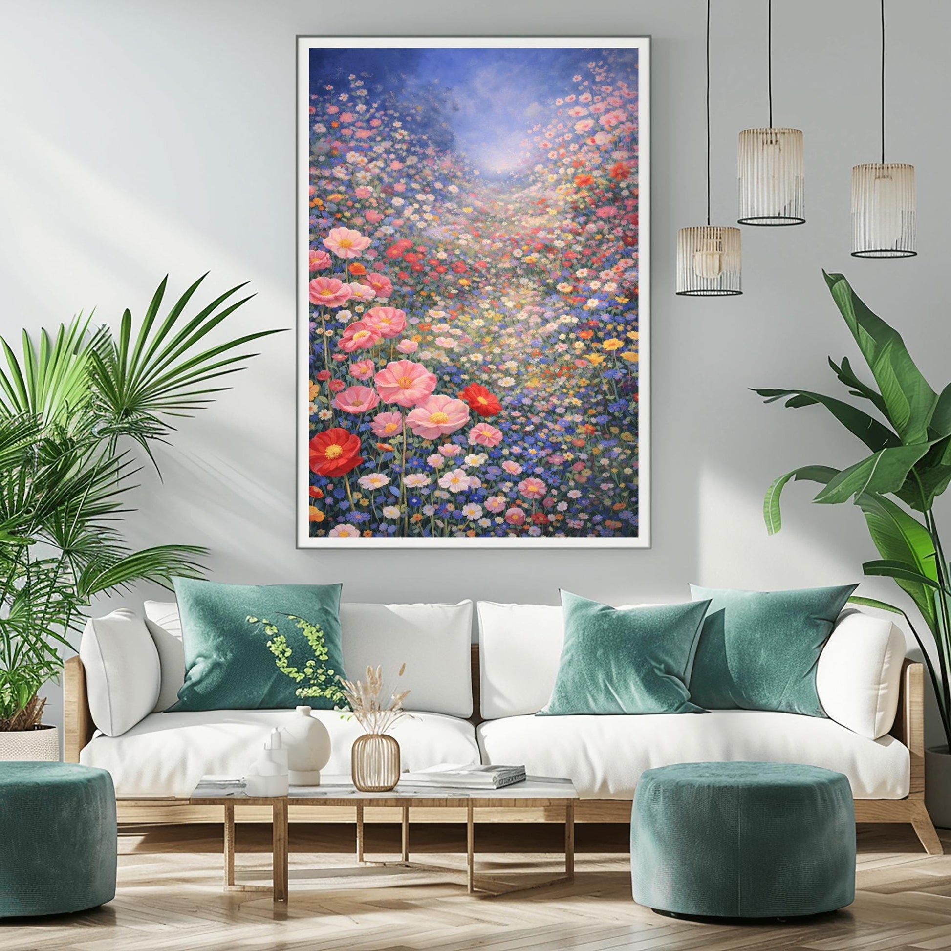A vertical fine art landscape in the style of Gustav Klimt. A vast valley is filled with a dense sea of pink, red, blue, and white wildflowers. Large pink poppies are in the foreground, and the field stretches back to a hazy, sun-drenched horizon under a soft blue sky.