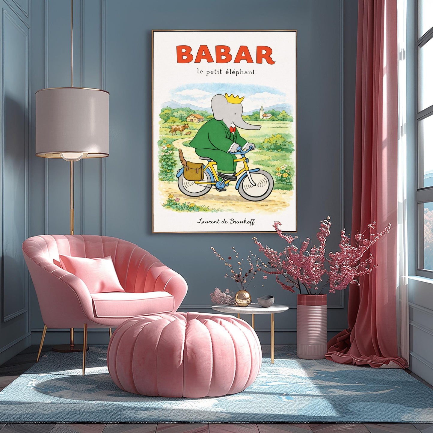 A vertical children's illustration poster titled "BABAR le petit éléphant" at the top in red. King Babar, in a green suit and crown, is riding a yellow bicycle along a dirt path. A brown leather bag on the back of the bike holds a baguette. The background shows a green meadow with a cow and calf, small bushes with flowers, and a distant house and church under a soft sky. The name "Laurent de Brunhoff" is at the bottom.