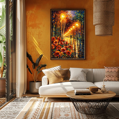 A vertical art print in the style of Gustav Klimt. In the bottom left, a large cluster of stylized red and orange roses with golden spiral centers is prominent. A rain-dampened path reflects the warm yellow light from a line of ornate street lamps. A small black silhouette of a person holding an umbrella walks down the path. The trees and sky are filled with decorative mosaics and swirls in blue, gold, and orange.