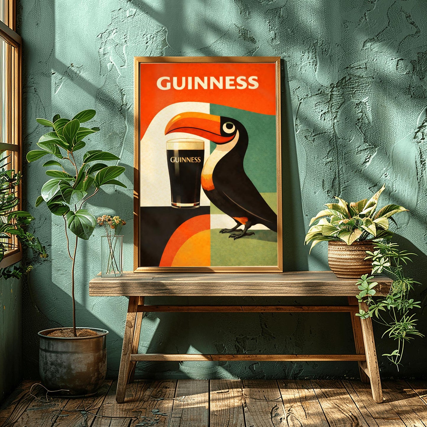 A vertical minimalist poster for Guinness in a mid-century modern style. A stylized, geometric toucan stands next to a pint of beer. The background is made of large blocks of orange, teal, and black. Bold white text at the top reads "GUINNESS."