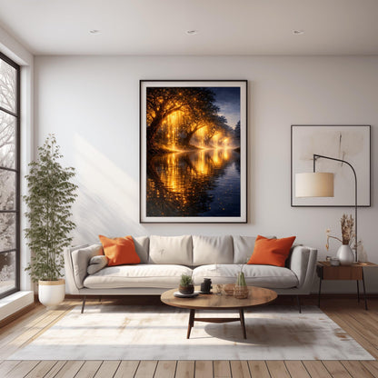 A vertical full-bleed landscape illustration in the style of Gustav Klimt. A row of weeping willow trees with branches made of liquid gold and sparkling embers lines a dark, tranquil river. The golden light reflects brilliantly on the water's surface under a dark twilight sky.