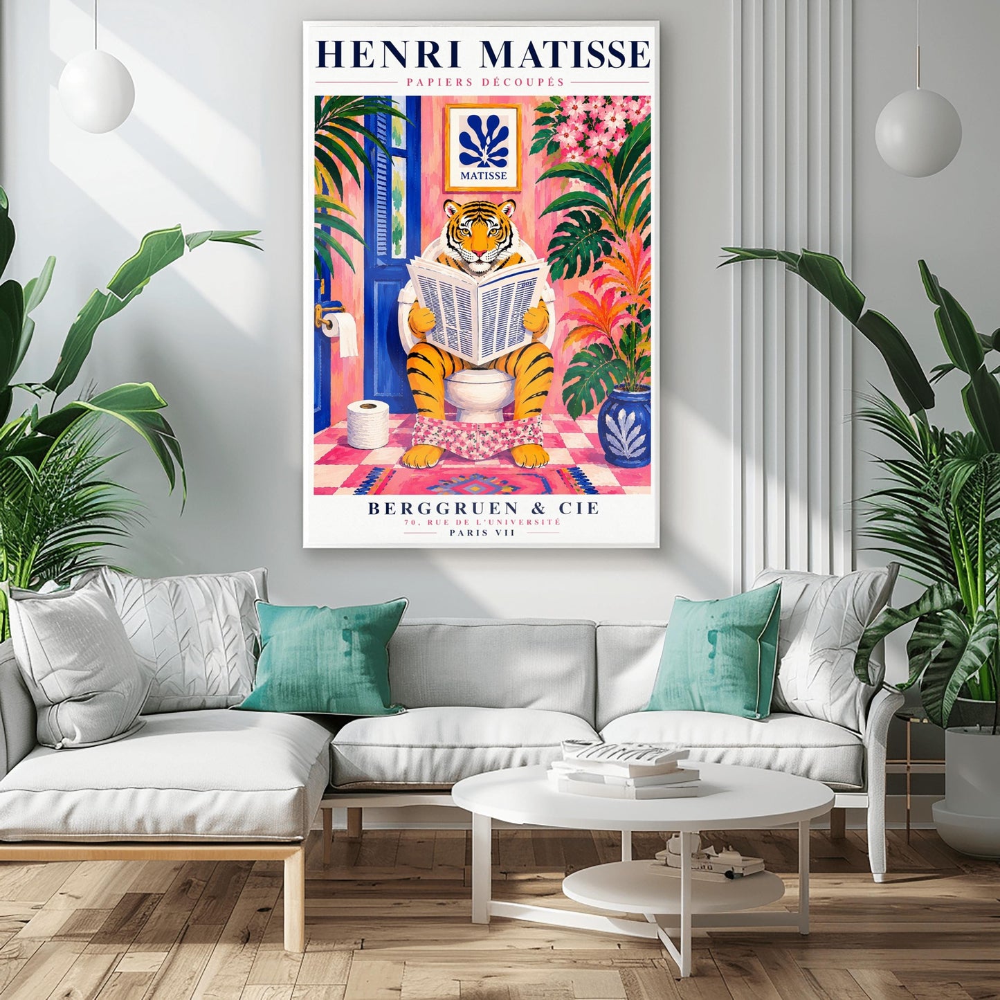 A vertical art print styled as a Henri Matisse exhibition poster. In the center, a tiger sits on a toilet in a pink bathroom, reading a newspaper with pink floral pants at its ankles. The room is decorated with lush tropical plants, a blue door, and a small Matisse-style blue cutout art piece on the wall. The text "HENRI MATISSE" is at the top, and "BERGGRUEN & CIE" is at the bottom.