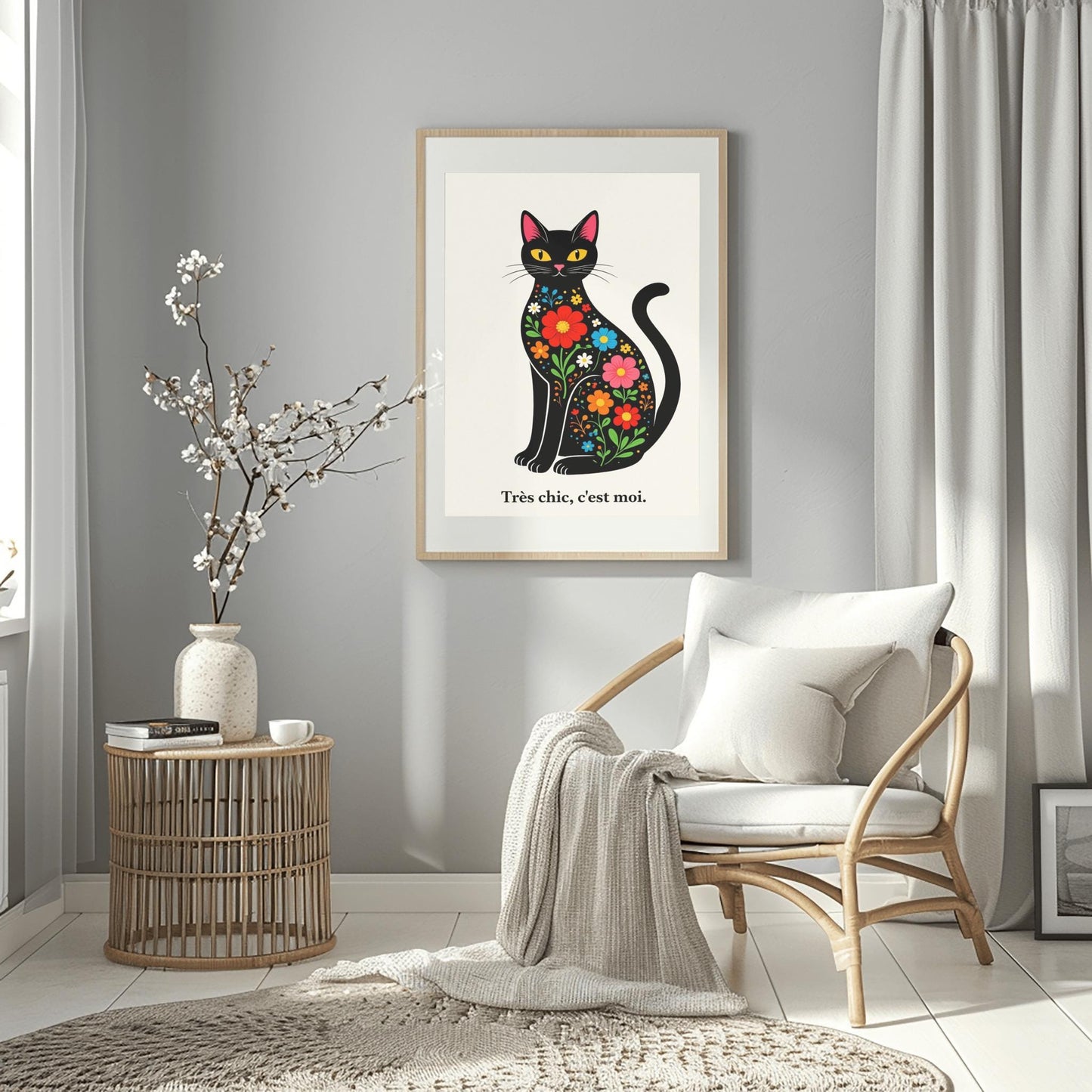 A vertical minimalist art print of a sleek black cat sitting upright, facing forward. The cat's body is filled with colorful folk-art style flowers in red, blue, orange, and yellow with green leaves. The cat has large yellow eyes and a small pink nose. Below the cat, the French phrase "Très chic, c'est moi." is written in a black serif font. The entire image is set against a textured off-white background.