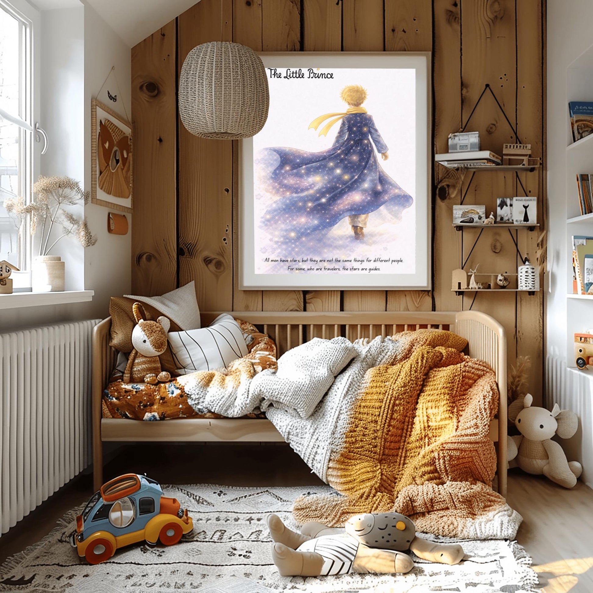 A vertical illustration poster titled "The Little Prince" in elegant script. A young boy with golden hair and a yellow scarf is seen from behind, walking into a white, misty background. He wears a long blue coat that looks like a starry galaxy, filled with glowing stars and purple nebulae. At the bottom, a quote about stars being guides for travelers is written in a simple black font.