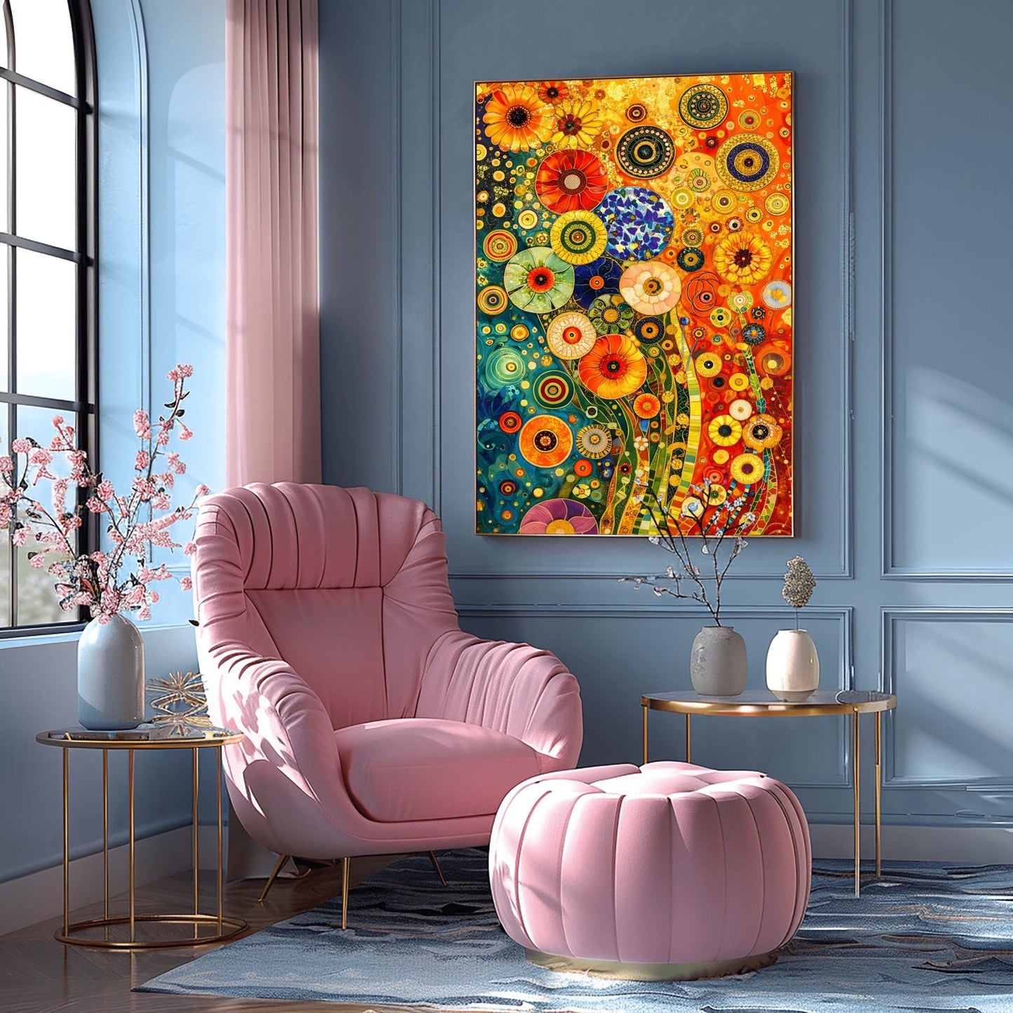 A vertical fine art print in the style of Gustav Klimt. A dense, abstract field of stylized flowers made of colorful mosaic circles and geometric patterns. The left side is a deep teal blue, while the right side is a warm, glowing orange. Shimmering gold flecks and tiled stems wind through the composition.