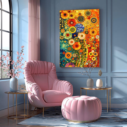 A vertical fine art print in the style of Gustav Klimt. A dense, abstract field of stylized flowers made of colorful mosaic circles and geometric patterns. The left side is a deep teal blue, while the right side is a warm, glowing orange. Shimmering gold flecks and tiled stems wind through the composition.