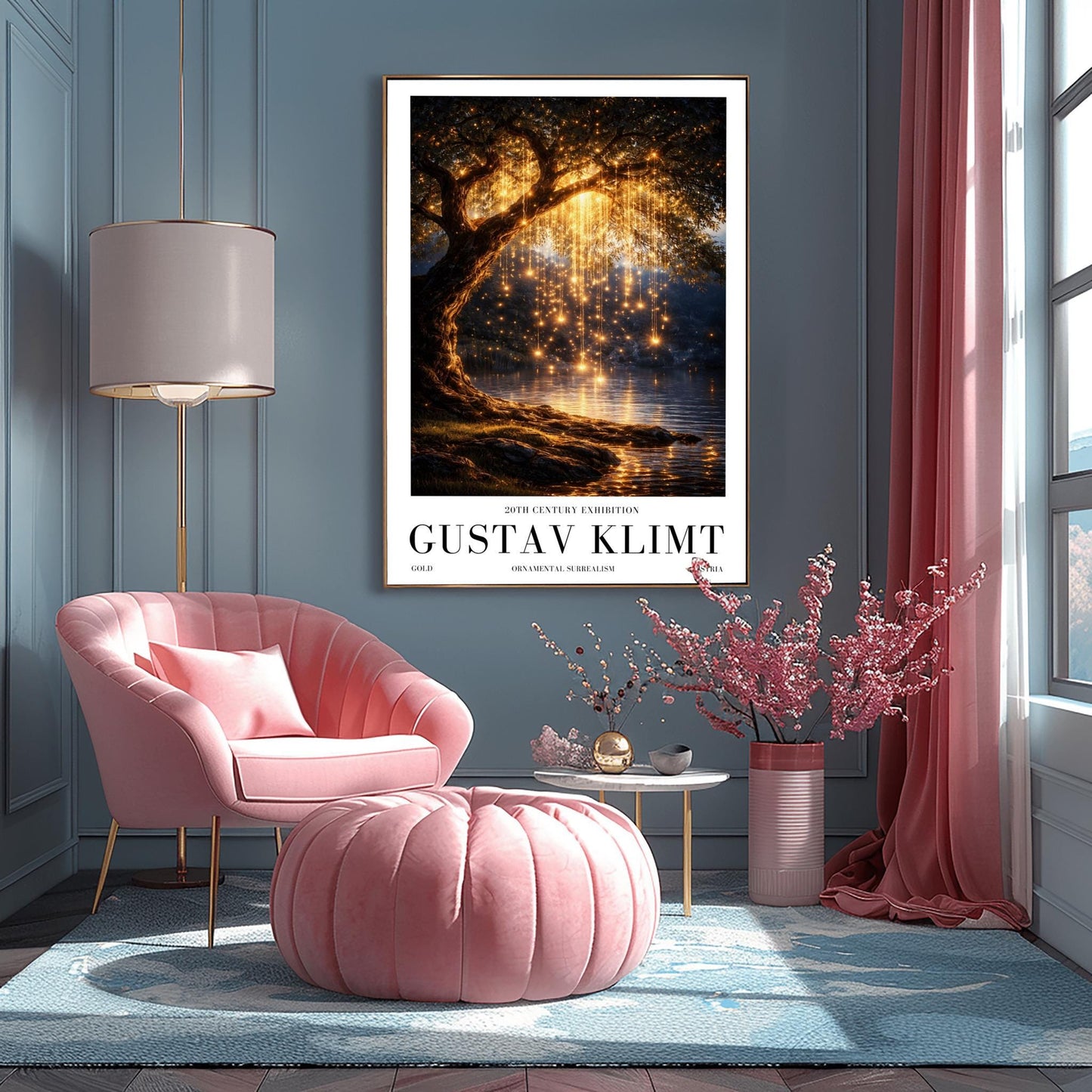 A vertical full-bleed illustration of a weeping willow tree at night in the style of Gustav Klimt. The branches hang down like strings of golden lights over a dark lake. The water reflects the golden glow, and the tree stands on a mossy bank against a dark forest background.