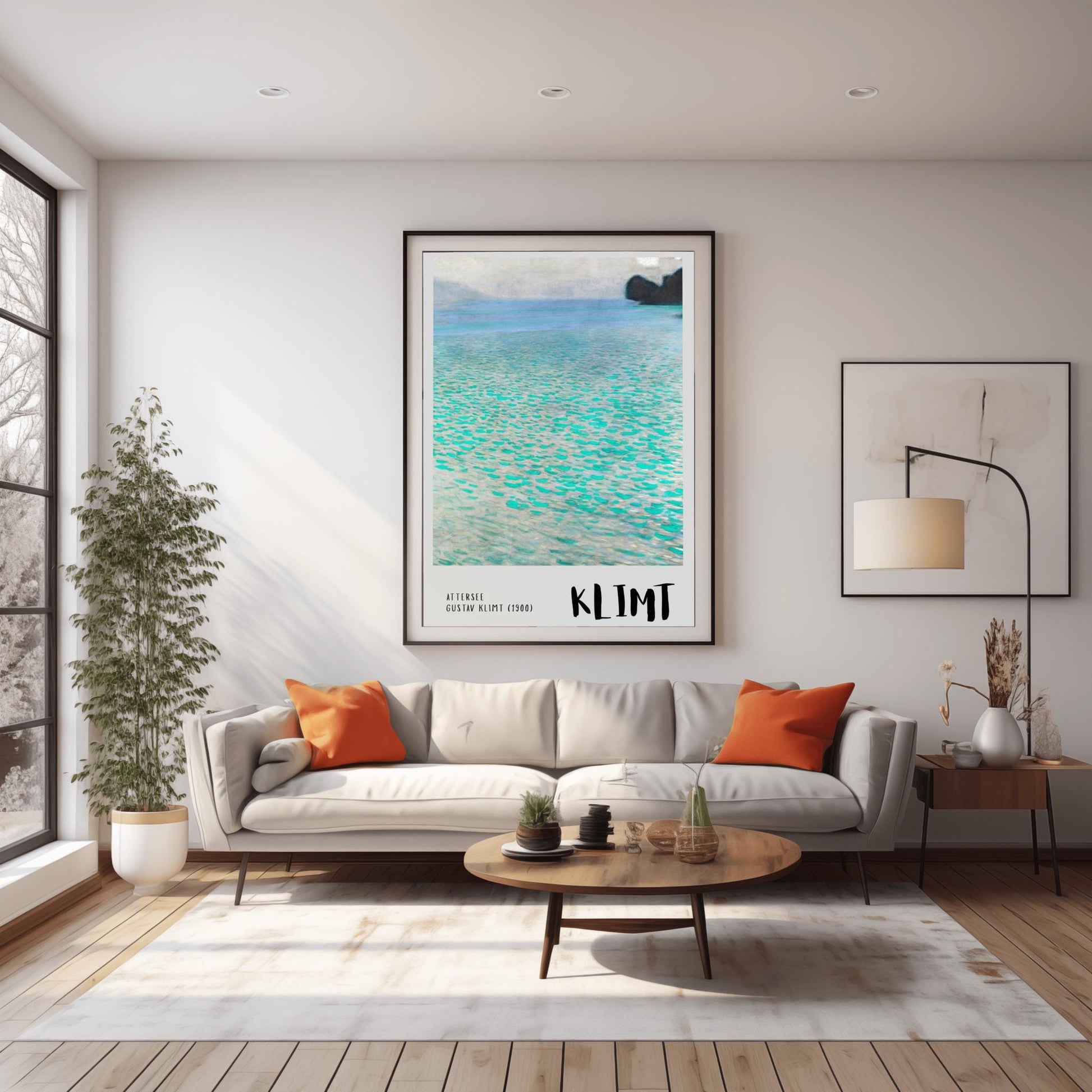 A vertical museum exhibition poster featuring Gustav Klimt's 1900 landscape painting "Attersee." The image depicts a close-up, shimmering view of a turquoise lake with a small dark island in the top right. The bottom border is soft grey with bold black text reading "ATTERSEE" and "KLIMT."