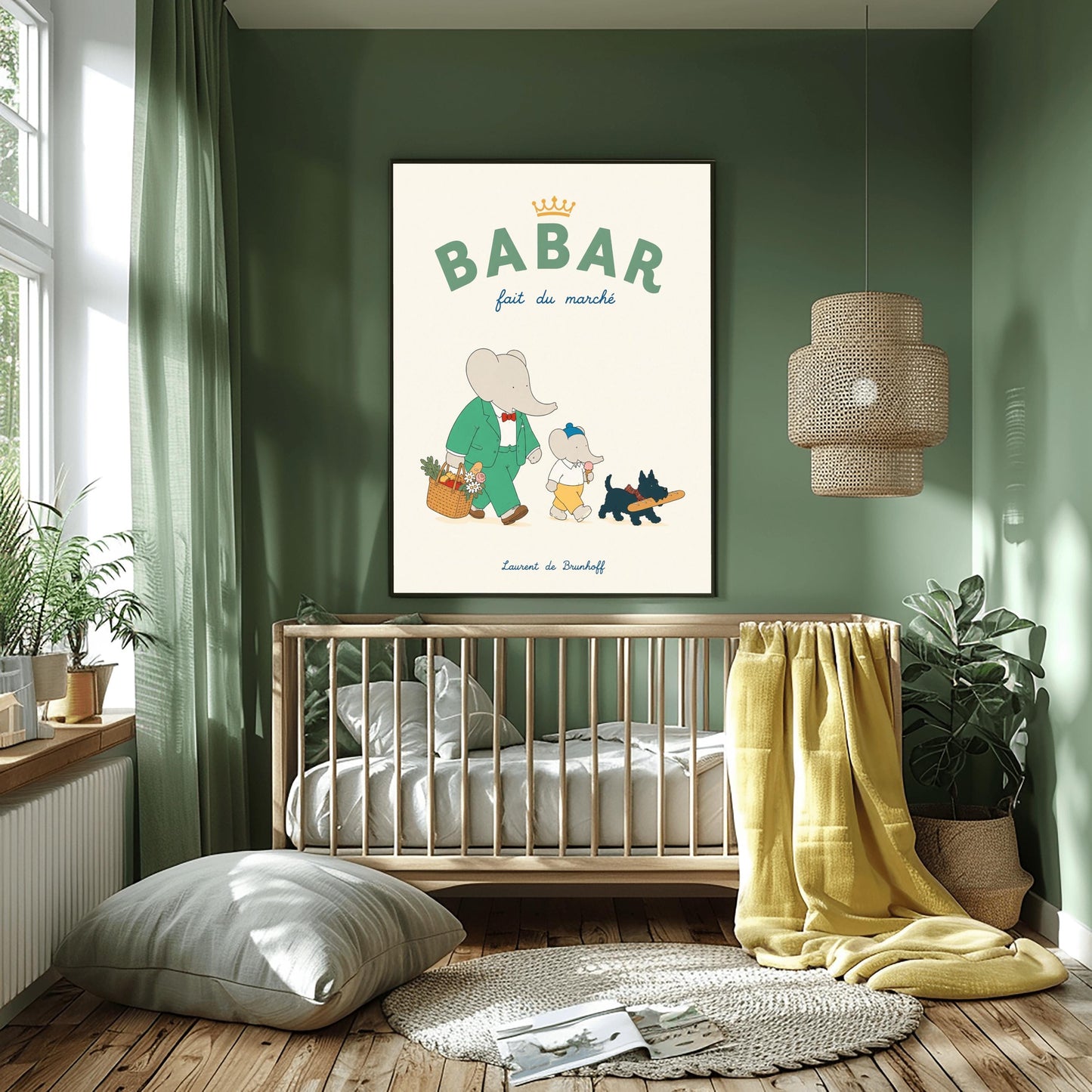 A vertical storybook-style art print of Babar the Elephant walking home from a market against a cream background. Babar is in a green suit and red bow tie, carrying a basket of fruit and flowers. Beside him is a smaller elephant eating an ice cream cone and a small black dog in a plaid collar carrying a baguette. The top text reads "BABAR fait du marché" with a gold crown.