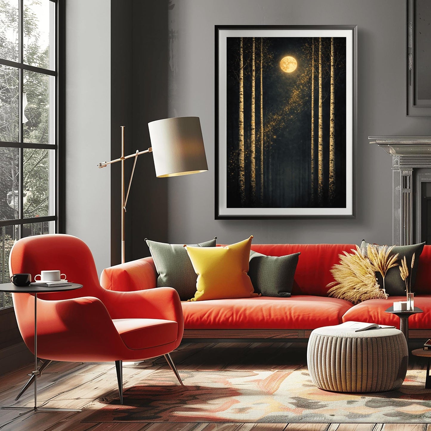 A vertical Art Nouveau-style illustration of six slender birch trees against a dark, velvety sky. A golden moon with swirling patterns sits at the top, and a diagonal trail of shimmering golden stardust flows through the center. The trees have textured, golden mosaic patterns on their bark.