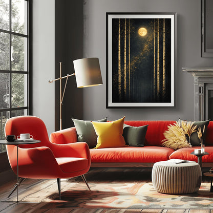 A vertical Art Nouveau-style illustration of six slender birch trees against a dark, velvety sky. A golden moon with swirling patterns sits at the top, and a diagonal trail of shimmering golden stardust flows through the center. The trees have textured, golden mosaic patterns on their bark.