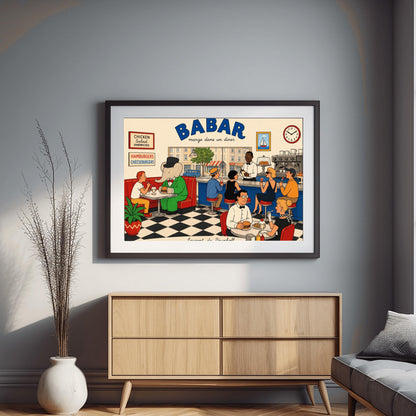 A colorful 1950s-style illustration poster titled "BABAR mange dans un diner" in bold blue and black lettering. The scene shows the interior of a lively retro diner with a black-and-white checkered floor. On the left, the cartoon elephant King Babar sits in a red leather booth wearing a green suit and top hat while eating a burger. Patrons sit at a long blue counter on stools and around tables eating burgers and sundaes, while a waiter takes orders.