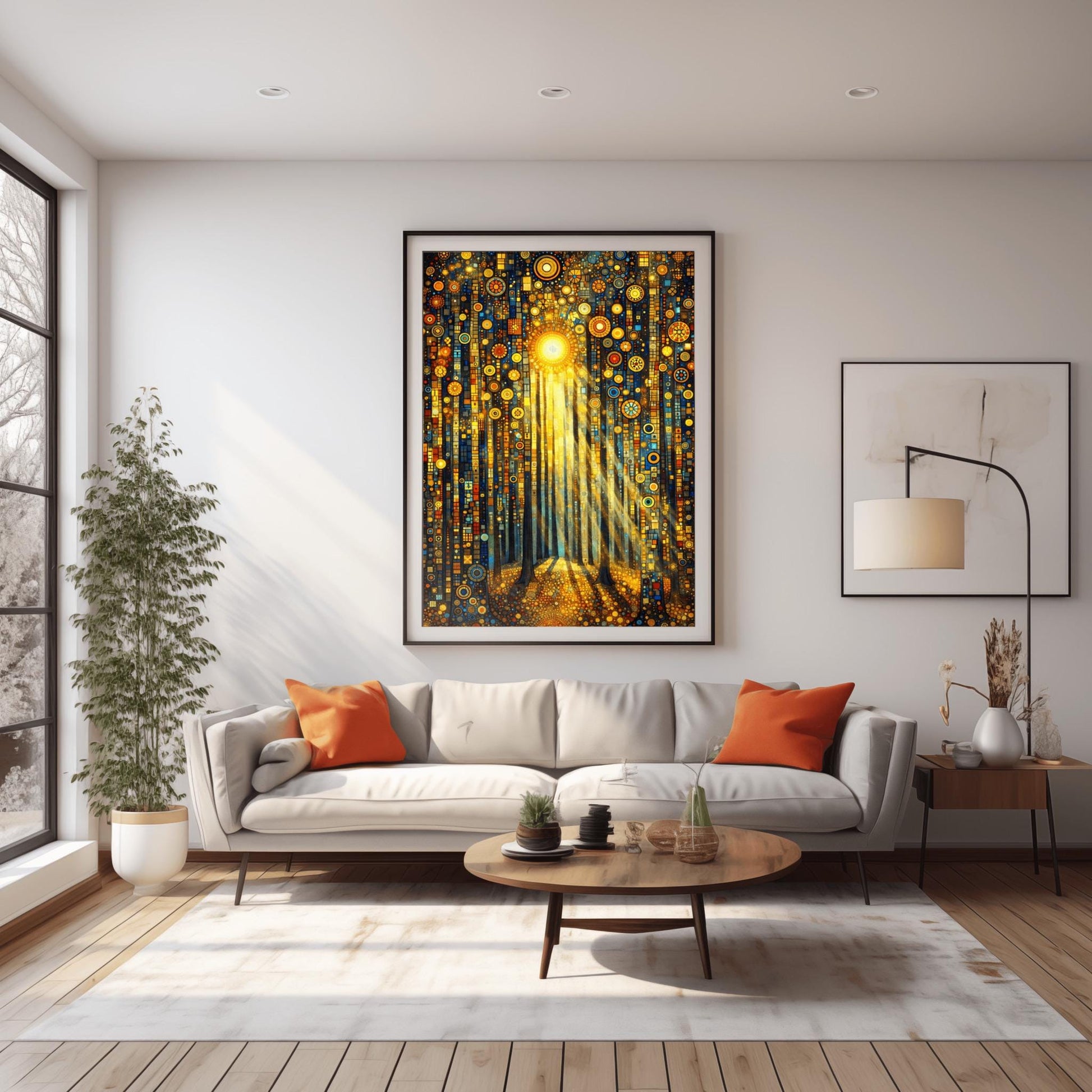 A vertical fine art print in the style of Gustav Klimt. Tall, dark tree trunks stand in a forest where the ground and sky are filled with dense gold and blue mosaic circles. A bright sun in the upper center casts long, golden pillars of light down through the trees, illuminating the patterned forest floor.