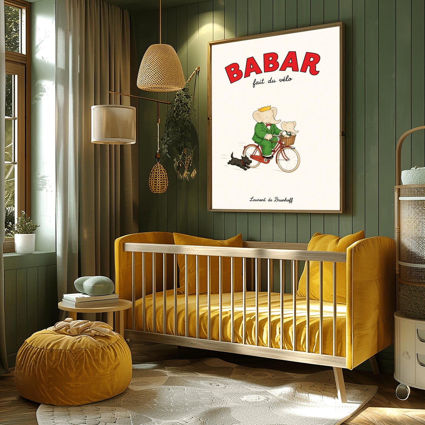 A vertical retro fine art exhibition poster titled "BABAR fait du vélo" on a wide cream border. The top "BABAR" text is printed in a bold red font. The illustration shows an elephant wearing a crown and green suit riding a vintage red bicycle. A smaller baby elephant is sitting inside a brown wicker basket on the handlebars, and a small black dog runs along beside the bike. The name "Laurent de Brunhoff" anchors the bottom.