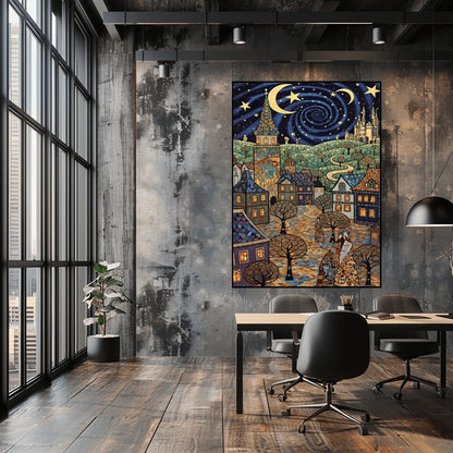 A vertical fine art print in the style of Gustav Klimt. A whimsical European village with mosaic-patterned houses and a tall tower sits under a swirling dark blue night sky. The sky features a large golden vortex, crescent moons, and stars. The ground is a colorful mosaic cobblestone path with spiral-patterned trees.