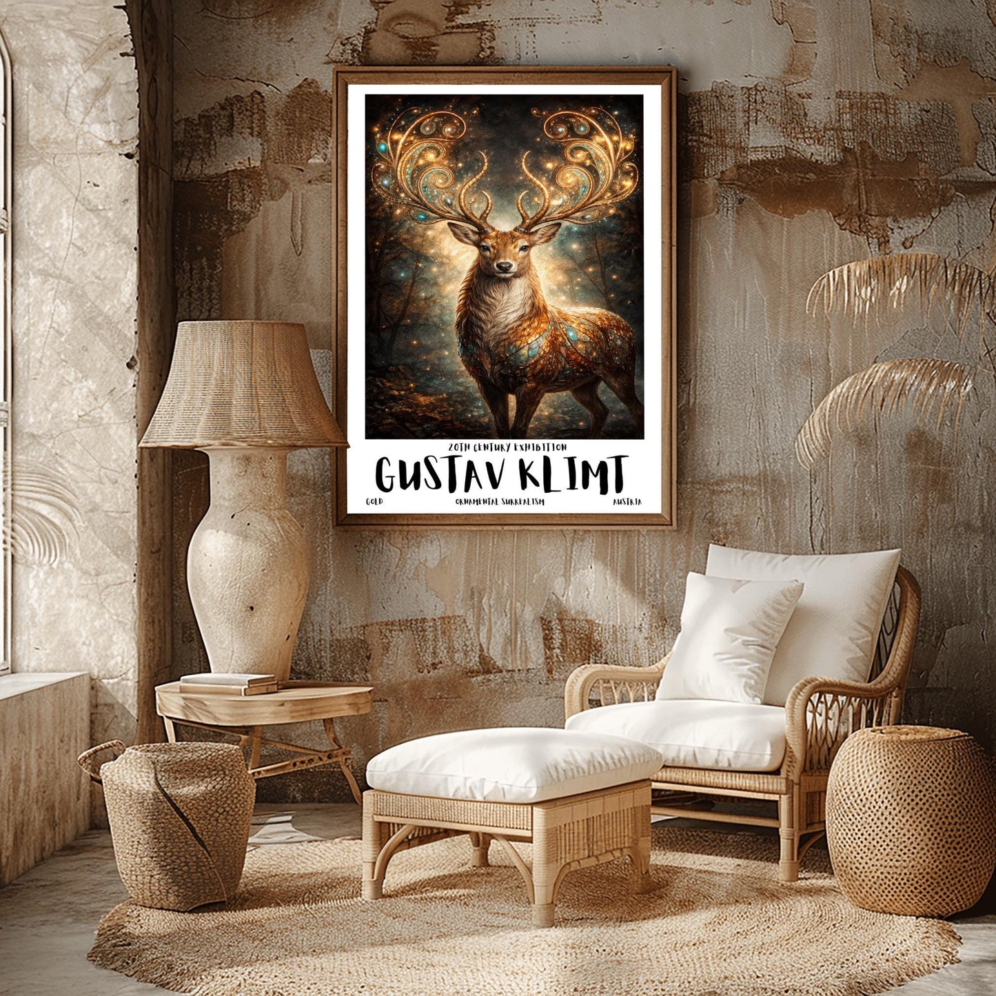 A vertical full-bleed illustration of a stag in the style of Gustav Klimt. The stag has massive, swirling golden antlers decorated with glowing gems. Its body is a mosaic of gold and turquoise. It stands in a misty, dark forest filled with golden sparks and floating embers.