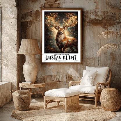 A vertical full-bleed illustration of a stag in the style of Gustav Klimt. The stag has massive, swirling golden antlers decorated with glowing gems. Its body is a mosaic of gold and turquoise. It stands in a misty, dark forest filled with golden sparks and floating embers.