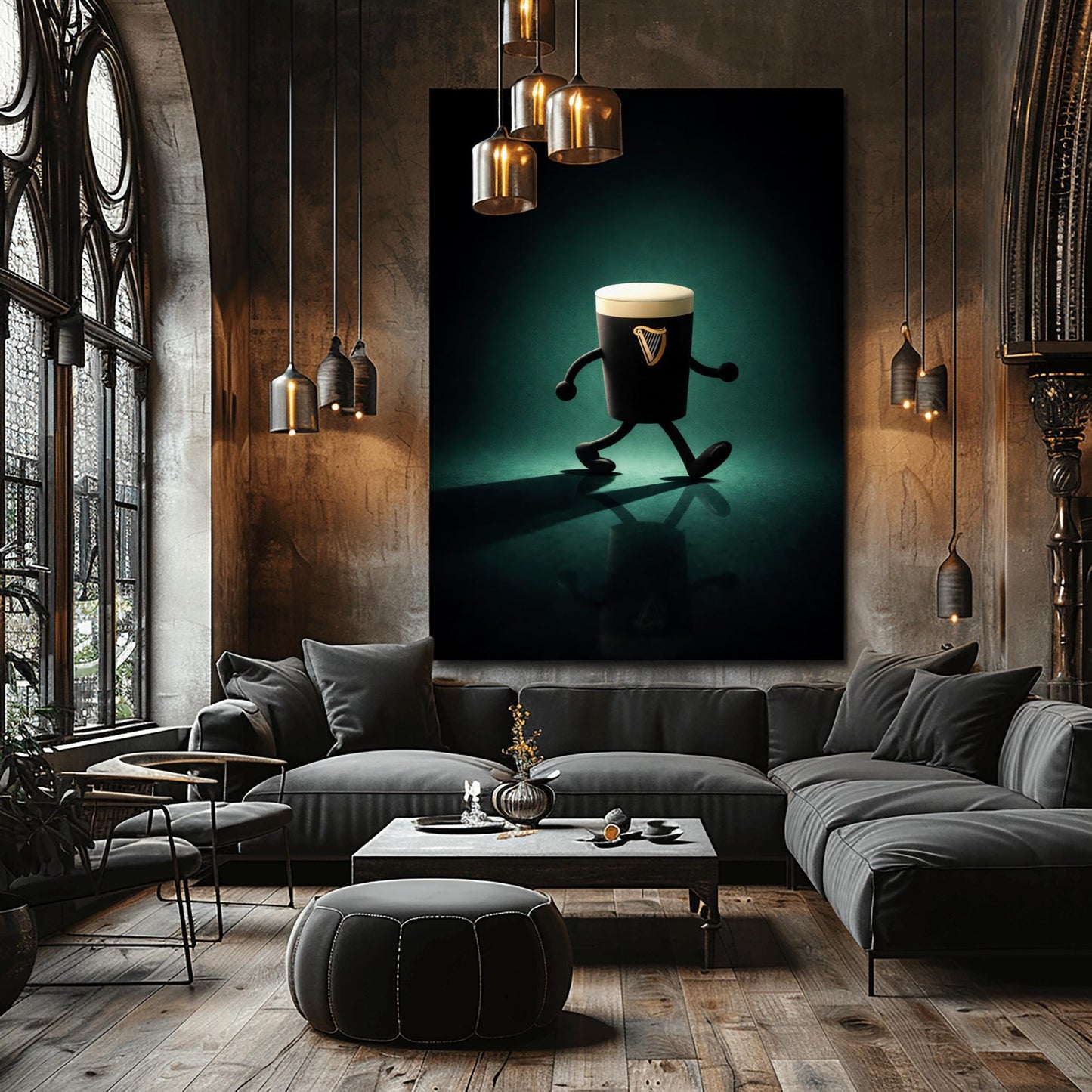 A vertical cinematic illustration of a 3D Guinness pint character with cartoon arms and legs. It is walking across a dark, reflective floor under a moody emerald-green spotlight. The pint features a crisp white foam head and a golden harp logo.