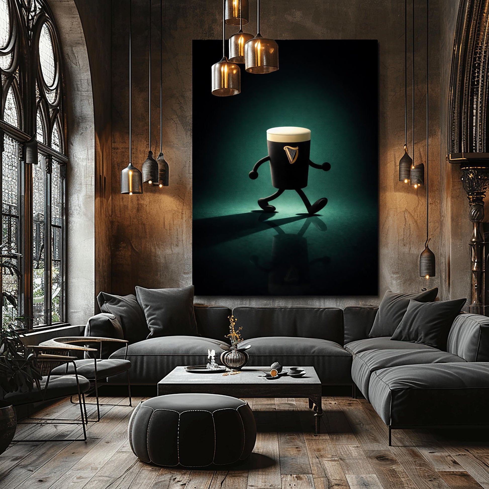 A vertical cinematic illustration of a 3D Guinness pint character with cartoon arms and legs. It is walking across a dark, reflective floor under a moody emerald-green spotlight. The pint features a crisp white foam head and a golden harp logo.
