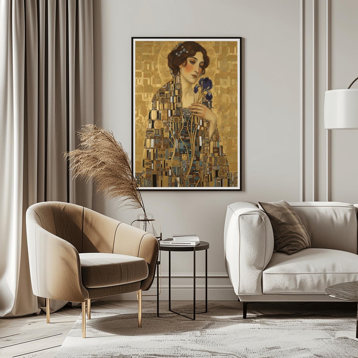A vertical fine art portrait in the style of Gustav Klimt. A woman with auburn hair and a serene expression holds a deep purple iris. She wears an intricate robe made of gold and blue mosaic patterns with "eye" motifs. She is set against a textured gold leaf background with a large golden halo behind her head.